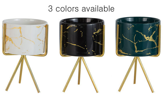 Home Garden Decorative Flower Pots with Ceramic Handmade Design and Metal Gold Stand in Chrome Plated Finish