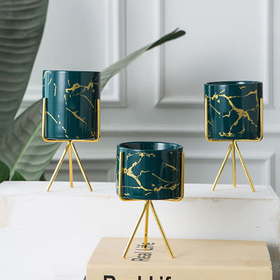 Home Garden Decorative Flower Pots with Ceramic Handmade Design and Metal Gold Stand in Chrome Plated Finish