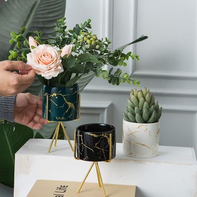Set Tripod Flower Pot Ceramic Succulent Cactus , Planter Mini Iron Storage Tank for Indoor Desktop, Decorative Plant