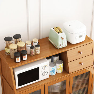 Vintage Bamboo Multi-Function Kitchen Cabinet Side Storage Organizer Container Microwave Cart with Tableware Pot Storage Use