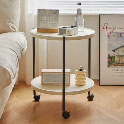 Round Sofa Side Table with Wheels, 2-Tier Mobile Small Coffee End for Bedroom Living Room, Beige