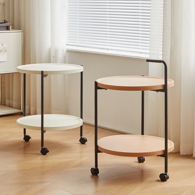 Round Sofa Side Table with Wheels, 2-Tier Mobile Small Coffee End for Bedroom Living Room, Beige