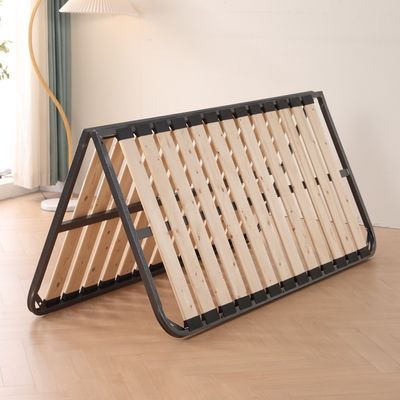 Modern Design Folding Guest Bed Portable Thick Solid Wood Panel Tatami with Iron Pipe Frame Space-Saving for Small Rooms