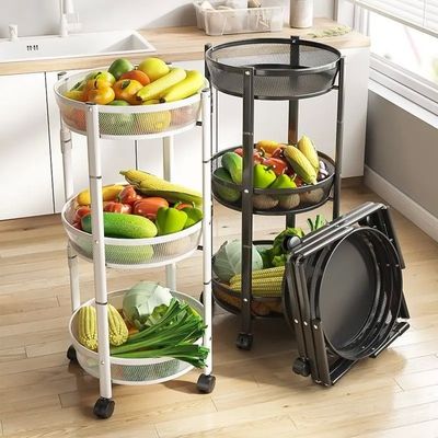 3-Layer Foldable Round Storage Rack Floor-standing Installation-Free Fruit Vegetable Basket Snack for Kitchen Islands & Carts