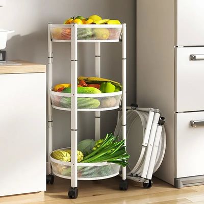 3-Layer Foldable Round Storage Rack Floor-standing Installation-Free Fruit Vegetable Basket Snack for Kitchen Islands & Carts