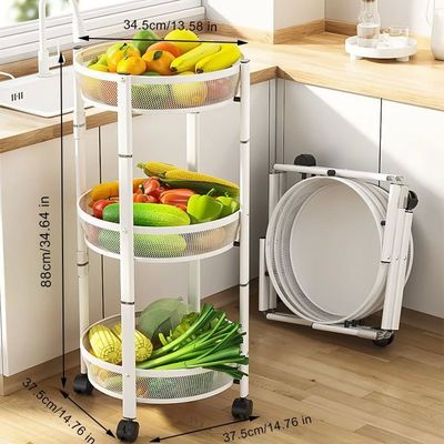 3-Layer Foldable Round Storage Rack Floor-standing Installation-Free Fruit Vegetable Basket Snack for Kitchen Islands & Carts