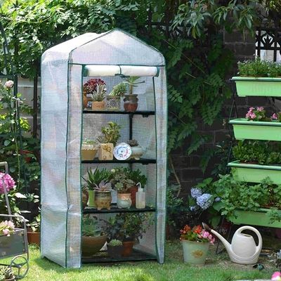 4-Tier Mini Greenhouse Portable Indoor Outdoor Waterproof Cloth Tent PE Cover Roll-Up Zipper Door Metal Frame for Growing Seeds