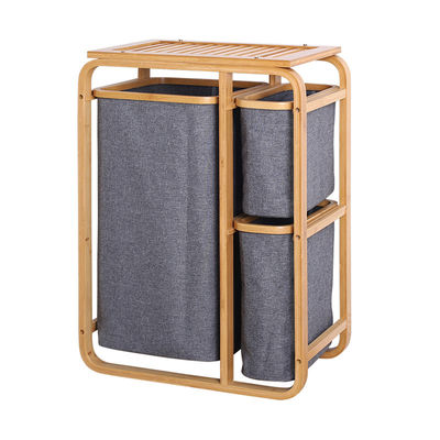 Dual-Tier Bamboo Laundry Hamper with Removable 3-Section Sliding Basket Sorter Organizer for Cleaning Clothing for Bathrooms