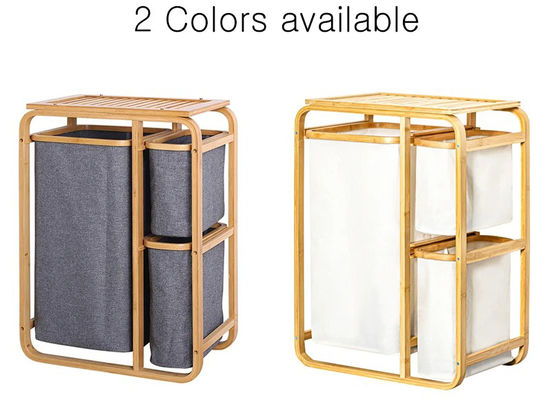 Double Bamboo Laundry Hamper with 3 Separate Storage for Towels and Clothes 3-Tiered Shelf in Bathroom Room