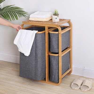 Double Bamboo Laundry Hamper with 3 Separate Storage for Towels and Clothes 3-Tiered Shelf in Bathroom Room