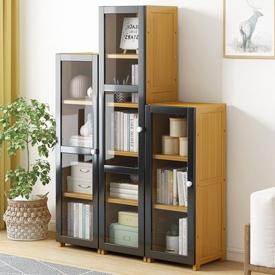 Modern Freestanding Bookcase Wooden Recycled Pine Doors Cabinet Display Storage Organizer for Living Room Office Accent Design