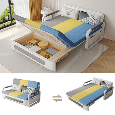 Scandinavian Futon Sofa Bed Fabric White Sleeper Apartment Couch with Storage Space, Modern Space-saver