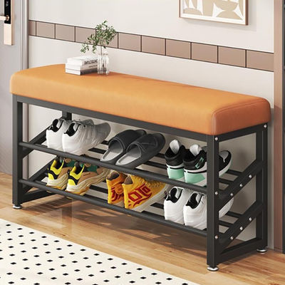 Shoe Storage Ottoman with Cushion and Removable Cover, 3 Layers Organizer for Entryway Metal Rack