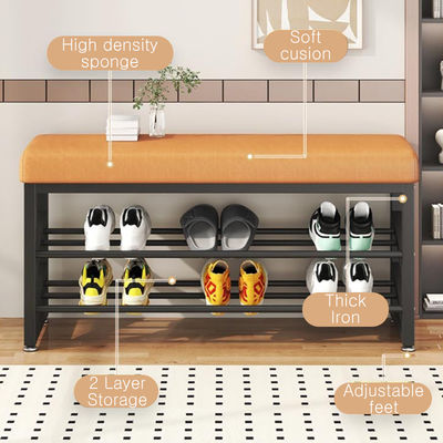 Shoe Storage Ottoman with Cushion and Removable Cover, 3 Layers Organizer for Entryway Metal Rack