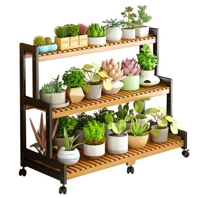 2/3 Tiers Rolling Succulents Indoor Storage Rack Decorative Bamboo Flower Ladder Shelf for Outdoor Plant Stand with Wheels
