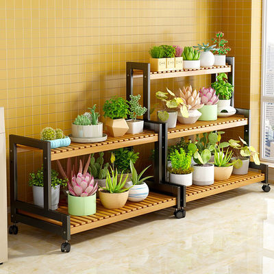 2/3 Tiers Rolling Succulents Indoor Storage Rack Decorative Bamboo Flower Ladder Shelf for Outdoor Plant Stand with Wheels