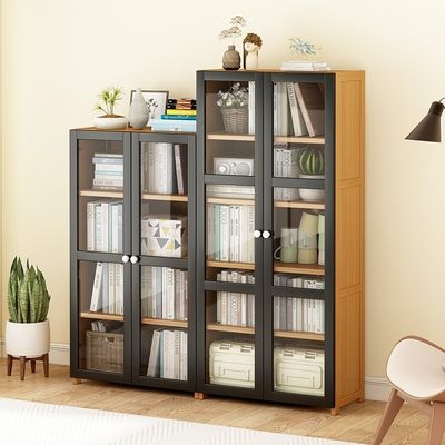Modern Tall Skinny Linen Cabinet Bamboo Bookcase Doors Storage Organizer for Kitchen Living Room Bedroom Dining/Bathroom Use