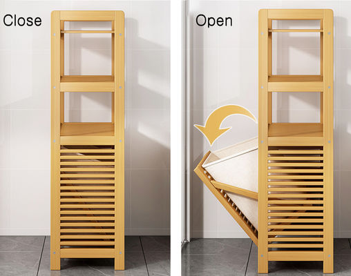 Bamboo Laundry Basket with Double Tiers Storage Rack Canvas Hamper Shelves for Cleaning and Clothing in Bathroom or Room Use