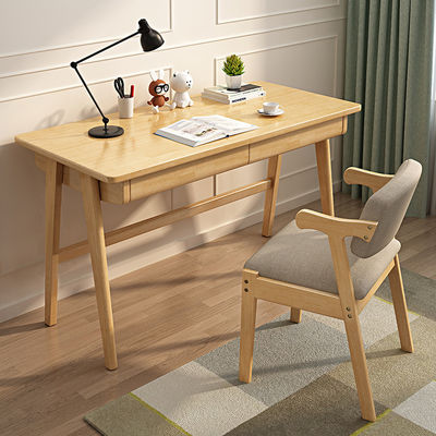 Nordic Style Solid Wood Computer Desk Small Apartment Study Table with Drawer for Student Writing and Working Station