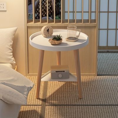2 Tier Round Coffee Table Bedside Nordic Modern Small Apartment Bedroom Tea for Homestay Balcony with Wood Legs