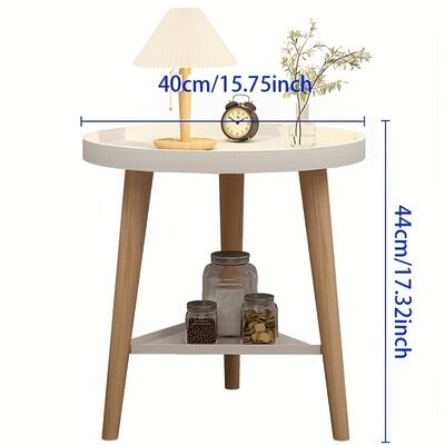 2 Tier Round Coffee Table Bedside Nordic Modern Small Apartment Bedroom Tea for Homestay Balcony with Wood Legs