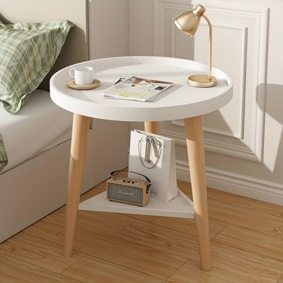 2 Tier Round Coffee Table Bedside Nordic Modern Small Apartment Bedroom Tea for Homestay Balcony with Wood Legs