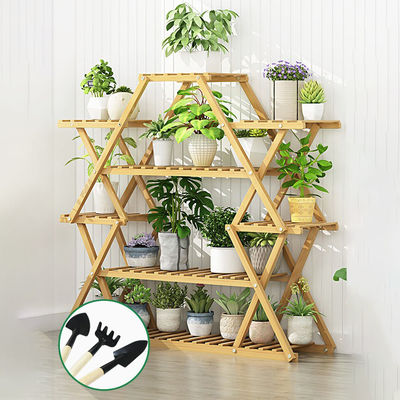 Indoor/Outdoor Bamboo Window Plant Stand with Double Tiers Clearanced Pot Ladder Shelves for Decoration