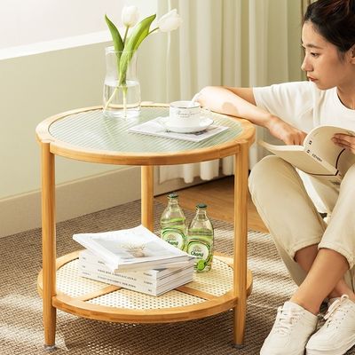 Coffee Table with Glass Top, Freestanding Storage Rack, Living Room Sofa Side , 2 Layers Center Round