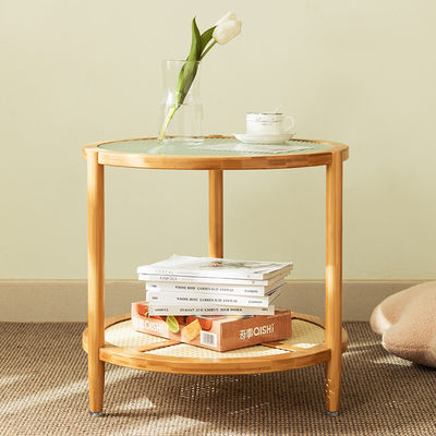 Coffee Table with Glass Top, Freestanding Storage Rack, Living Room Sofa Side , 2 Layers Center Round