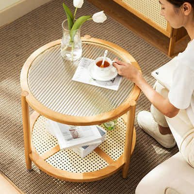 Coffee Table with Glass Top, Freestanding Storage Rack, Living Room Sofa Side , 2 Layers Center Round