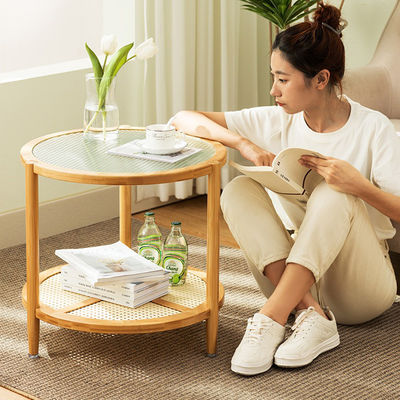 Coffee Table with Glass Top, Freestanding Storage Rack, Living Room Sofa Side , 2 Layers Center Round