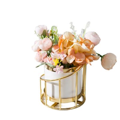 Luxury Nordic Style Ceramic Flower Vase with Iron Stand Decorative Plant Pots Desktop Makeup Organizer for Garden Storage Tank