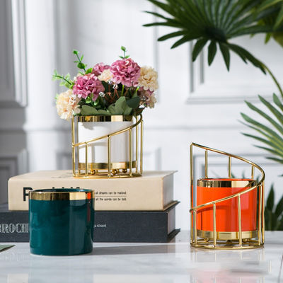 Luxury Nordic Style Ceramic Flower Vase with Iron Stand Decorative Plant Pots Desktop Makeup Organizer for Garden Storage Tank