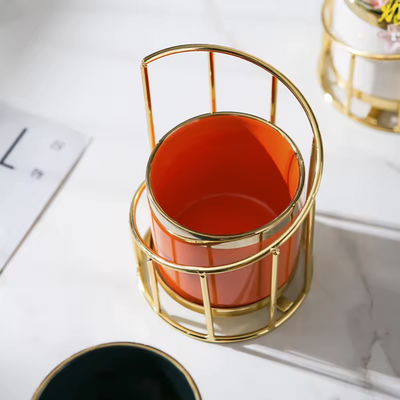 Luxury Nordic Style Ceramic Flower Vase with Iron Stand Decorative Plant Pots Desktop Makeup Organizer for Garden Storage Tank