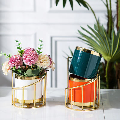 Luxury Nordic Style Ceramic Flower Vase with Iron Stand Decorative Plant Pots Desktop Makeup Organizer for Garden Storage Tank
