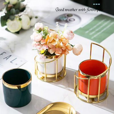 Luxury Nordic Style Ceramic Flower Vase with Iron Stand Decorative Plant Pots Desktop Makeup Organizer for Garden Storage Tank