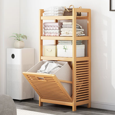 Large Space Bamboo Hampers for Laundry Double-Tier Tilt-out Basket with Removable Liner Bag for Cleaning Clothing