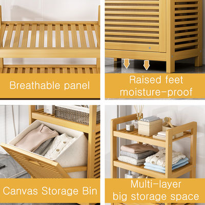 Tilt-Out Double Tiers Bamboo Laundry Hamper Basket with Removable Canvas Storage Bin for Cleaning Clothing or Bathroom Use