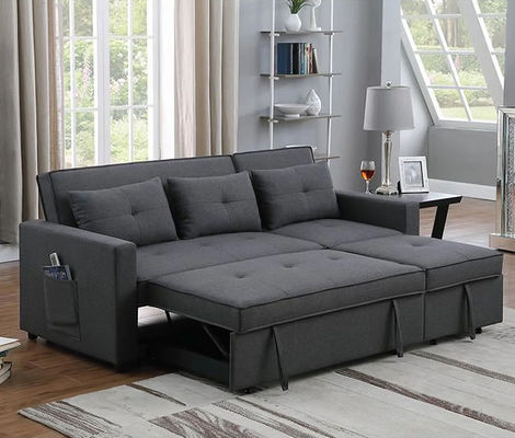 Modern Single Pull-Out Sofa Bed with Side Storage Pocket Adjustable Metal Frame and Fabric Upholstery for Bedroom or Apartment