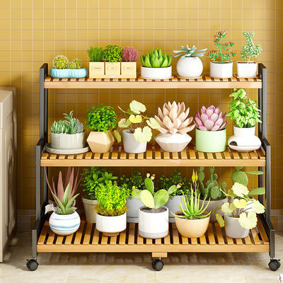 Indoor Multilayer Storage Rack Bamboo Flower Pot Display Stand with Ladder Style for Garden Balcony