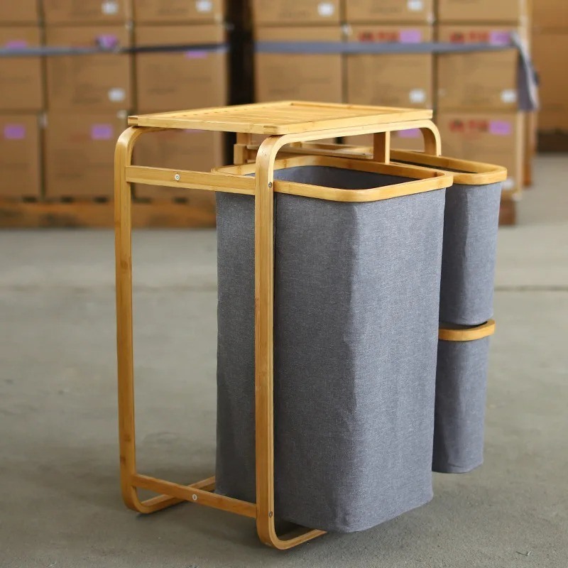 Bamboo Laundry Hamper with 3 Compartment Cabinet Double-Tiered Sorter for Dirty Clothes Storage in Bathroom