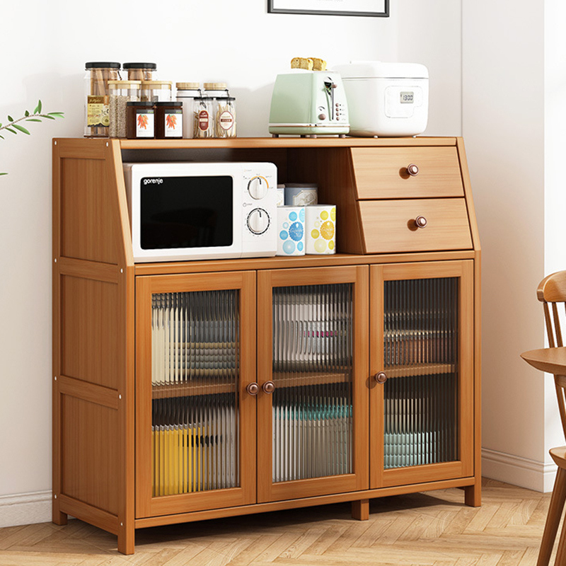 Vintage Bamboo Multi-Function Kitchen Cabinet Side Storage Organizer Container Microwave Cart with Tableware Pot Storage Use