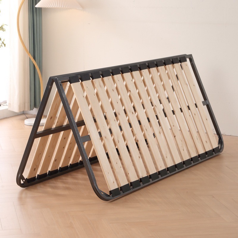 Modern Design Folding Guest Bed Portable Thick Solid Wood Panel Tatami with Iron Pipe Frame Space-Saving for Small Rooms