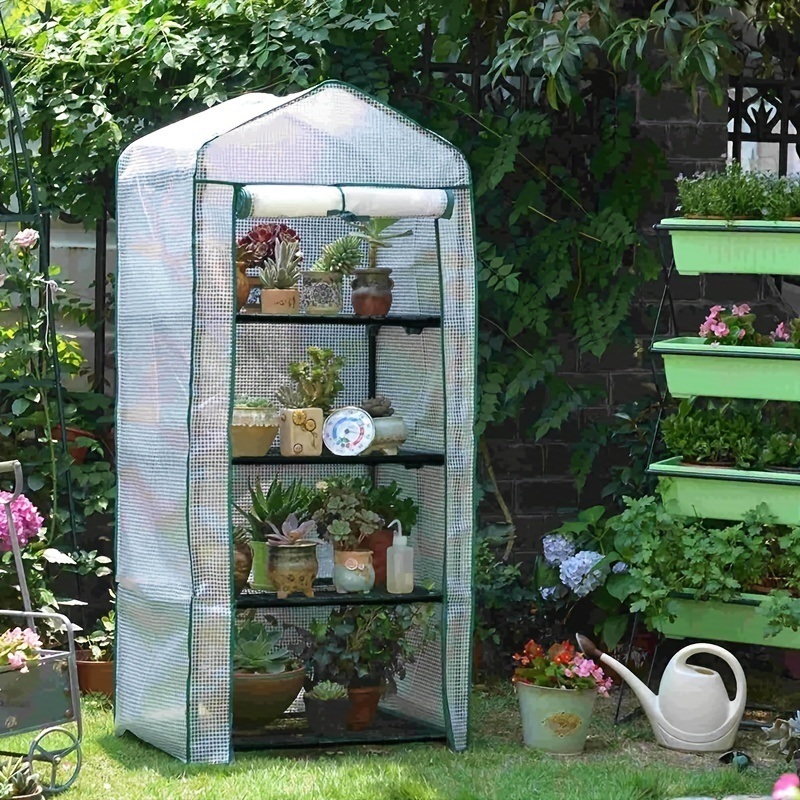 4-Tier Mini Greenhouse Portable Indoor Outdoor Waterproof Cloth Tent PE Cover Roll-Up Zipper Door Metal Frame for Growing Seeds
