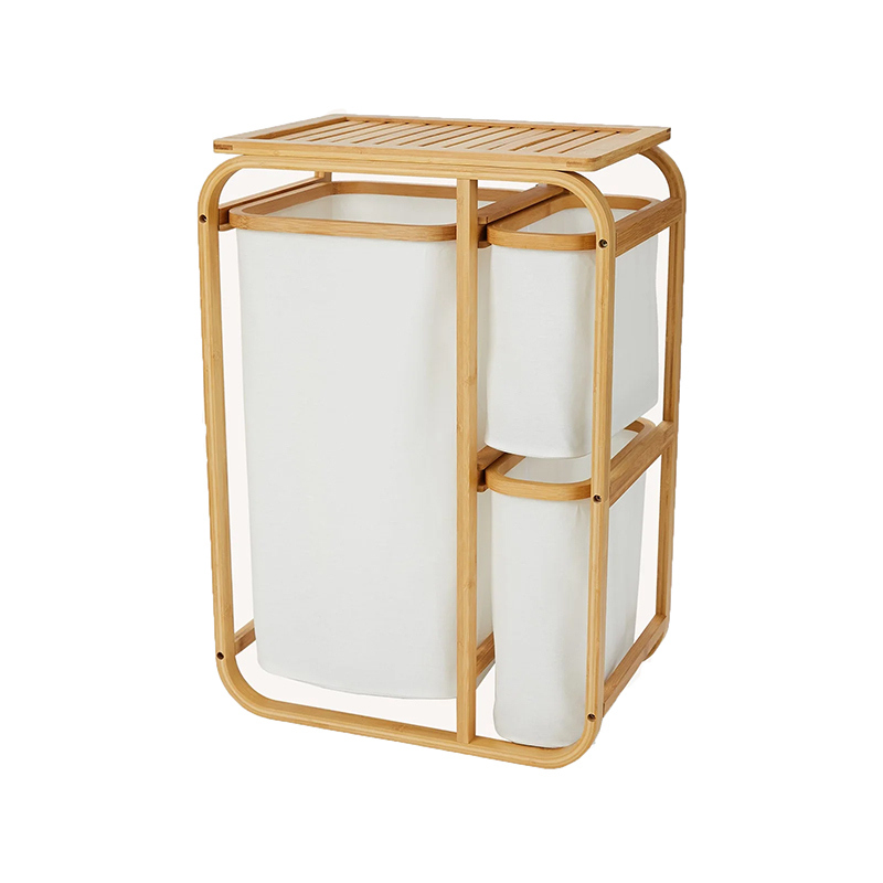 Double Bamboo Laundry Hamper with 3 Separate Storage for Towels and Clothes 3-Tiered Shelf in Bathroom Room