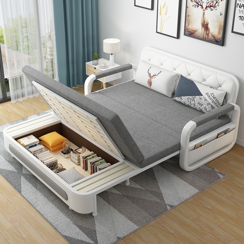 Scandinavian Futon Sofa Bed Fabric White Sleeper Apartment Couch with Storage Space, Modern Space-saver