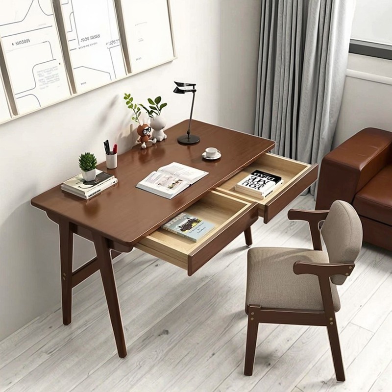Nordic Style Solid Wood Computer Desk Small Apartment Study Table with Drawer for Student Writing and Working Station