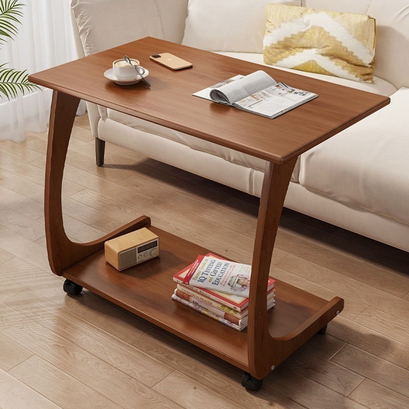 Coffee Table, Small Side for Sofa Couch and Bed, Rolling Study Desk, 2 Layer Rack Working Station in Living Room