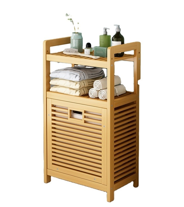 Tilt-Out Double Tiers Bamboo Laundry Hamper Basket with Removable Canvas Storage Bin for Cleaning Clothing or Bathroom Use