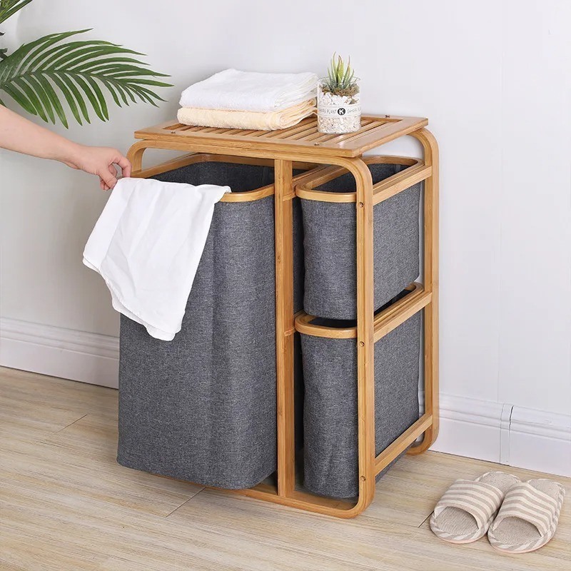 3 Compartment Cabinet Laundry Hamper Sorter with Storage for Dirty Clothes Easy to Use Basket Shelf